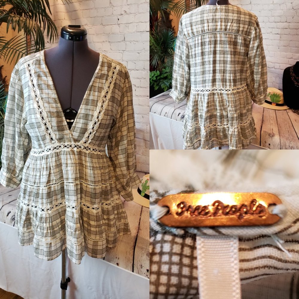 Free People Cream Plaid Puff Sleeve Blouse - XL